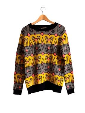 Men's Geometric Psychedelic Crewneck Sweater in Yellow, Gray & Pink